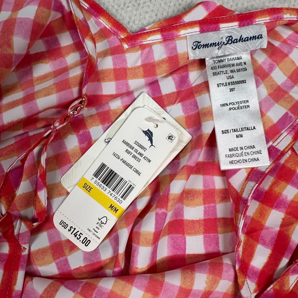 NWT Tommy Bahama Harbour Island Ruffle Dress Medium Gingham Pink Cruise Vacation - Picture 3 of 11